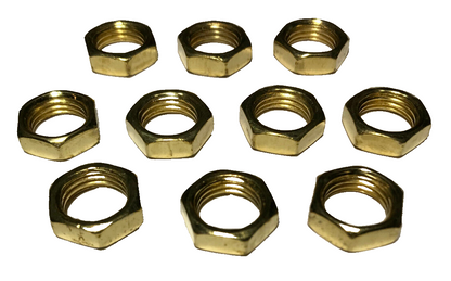 Lot Of 10, 1/4F Heavy Steel Brass Plated Hex Nuts, 11/16" Dia. 1/4" Thick #605BP