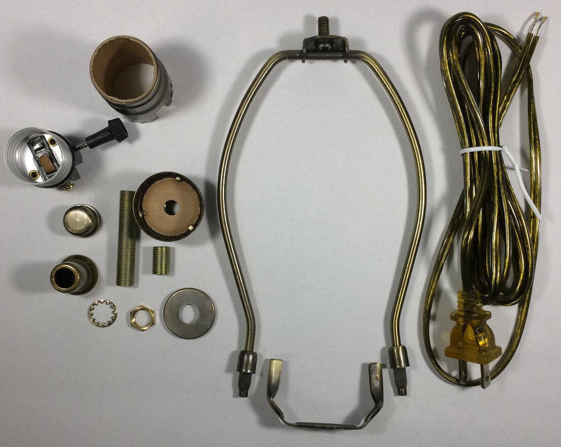 Table Lamp Wiring Kit W/ 6" Antique Finish Harp,3 Way Socket, Antique Brass Cord - Stone Door Lamps