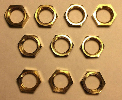 New Lot of 10, Heavy Brass Hexnut Locknut, 1/8F, Lamp Repair, 3/16" Thick #HN726 - Stone Door Lamps