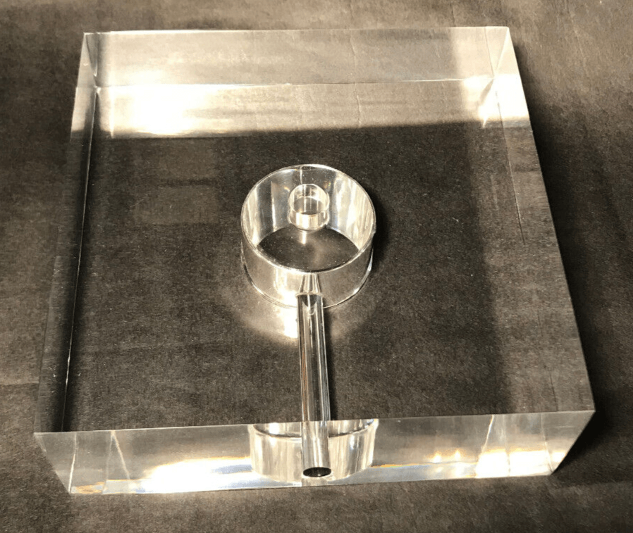 New 5.5" Wide, 2" Thick Clear Square Acrylic Lamp Base, Center Hole, Side Outlet - Stone Door Lamps