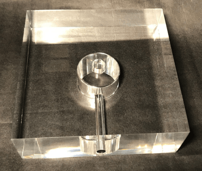 New 5.5" Wide, 2" Thick Clear Square Acrylic Lamp Base, Center Hole, Side Outlet - Stone Door Lamps