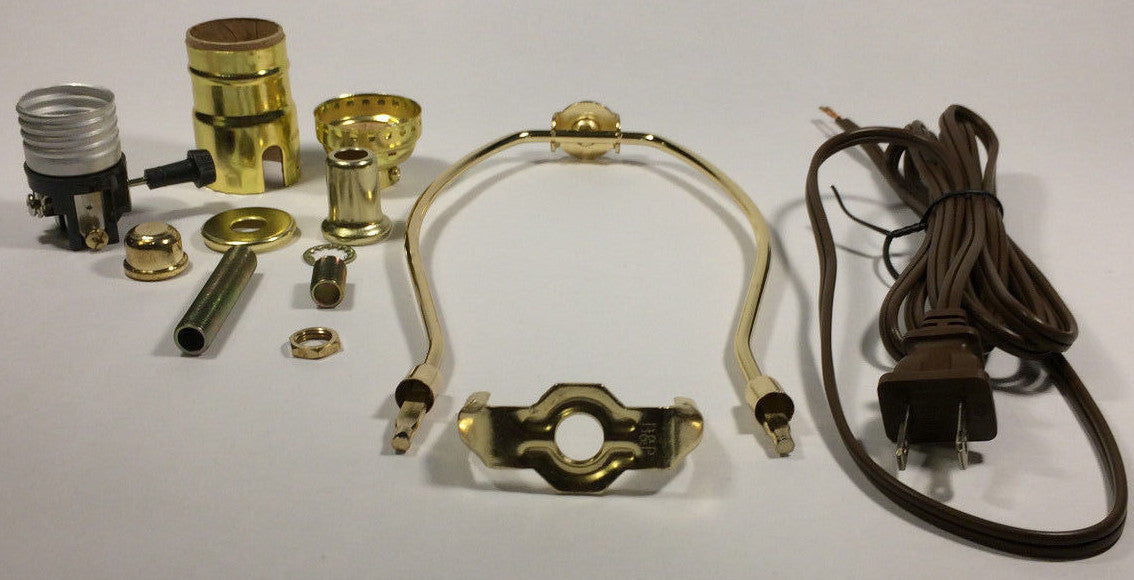 Table Lamp Wiring Kit With 10" Brass Plated Harp, 3 Way Socket,8 ft. Brown Cord