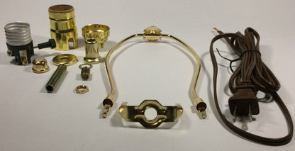 Table Lamp Wiring Kit With 10" Brass Plated Harp, 3 Way Socket,8 ft. Brown Cord