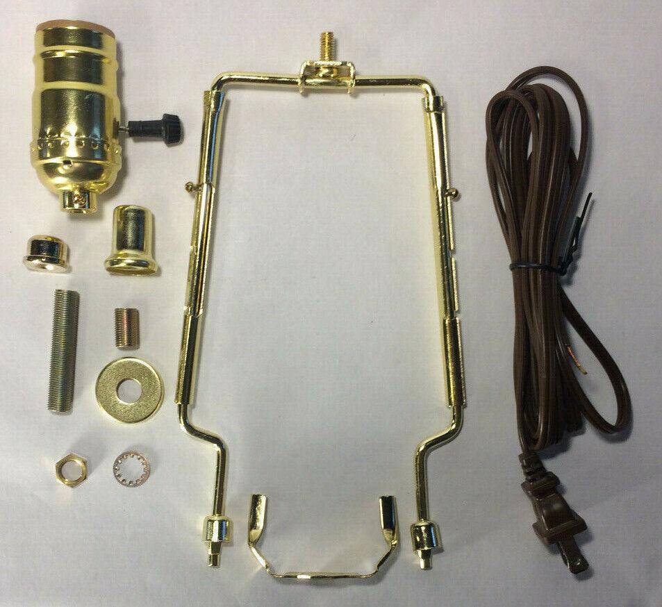 New Table Lamp Wiring Kit w/ Adjustable (9" - 11") Brass Harp, 3 - Way Socket, Cord - Stone Door Lamps