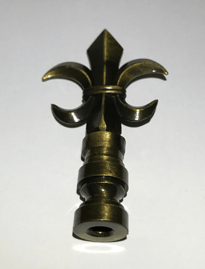 New 3" Cast Metal Fleur De Lis Design Lamp Finial, Antique Brass Finish, 1/4 - 27 - Stone Door Lamps