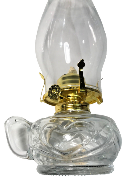 New Clear Glass United Hearts Finger Oil Lamp w/ Brass Plated Burner & Chimney