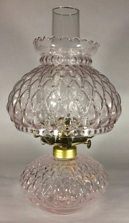 New Complete Oil Lamp w/ Shade Chimney Burner Pink Crystal Diamond Quilted Glass