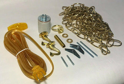 New Brass Plated Swag Lamp Kit for Fabric, Mica Shades, 12' Chain, 16' Gold Cord - Stone Door Lamps