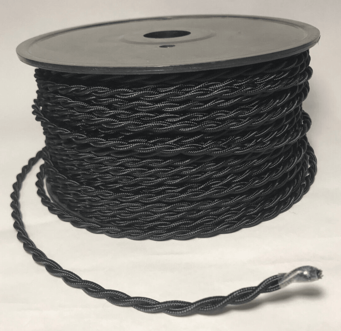 New High Quality Black Rayon Covered Twisted Pair Lamp Cord Sold Per Ft. 6' Min. - Stone Door Lamps