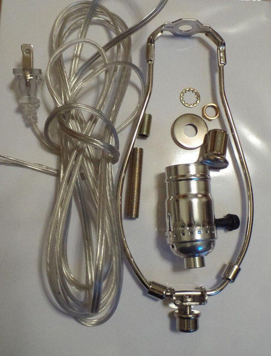 Table Lamp Wiring Kit 8" Nickel Plated Harp - 3 Way Socket - Clear Silver Cord - Stone Door Lamps