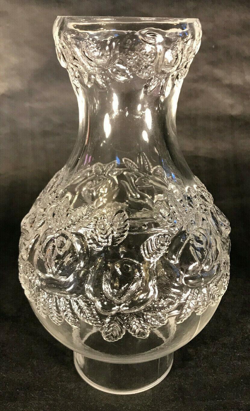 New 3" x 9 1/4" Clear Embossed Glass Roses Lamp Chimney, For #2 Burners, #CH015