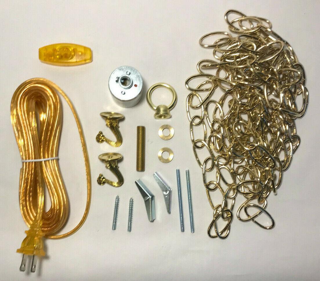 New Brass Plated Swag Lamp Kit for Fabric, Mica Shades, 12' Chain, 16' Gold Cord - Stone Door Lamps