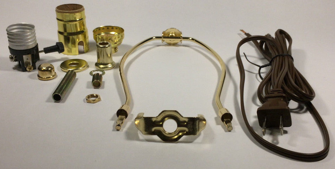 Table Lamp Wiring Kit With 8" Brass Plated Harp, 3 Way Socket, 8 ft. Brown Cord