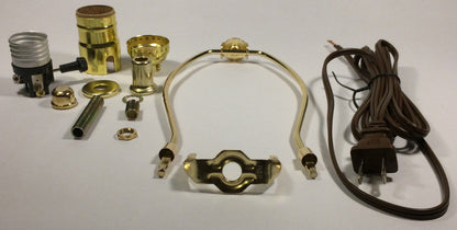 Table Lamp Wiring Kit With 8" Brass Plated Harp, 3 Way Socket, 8 ft. Brown Cord