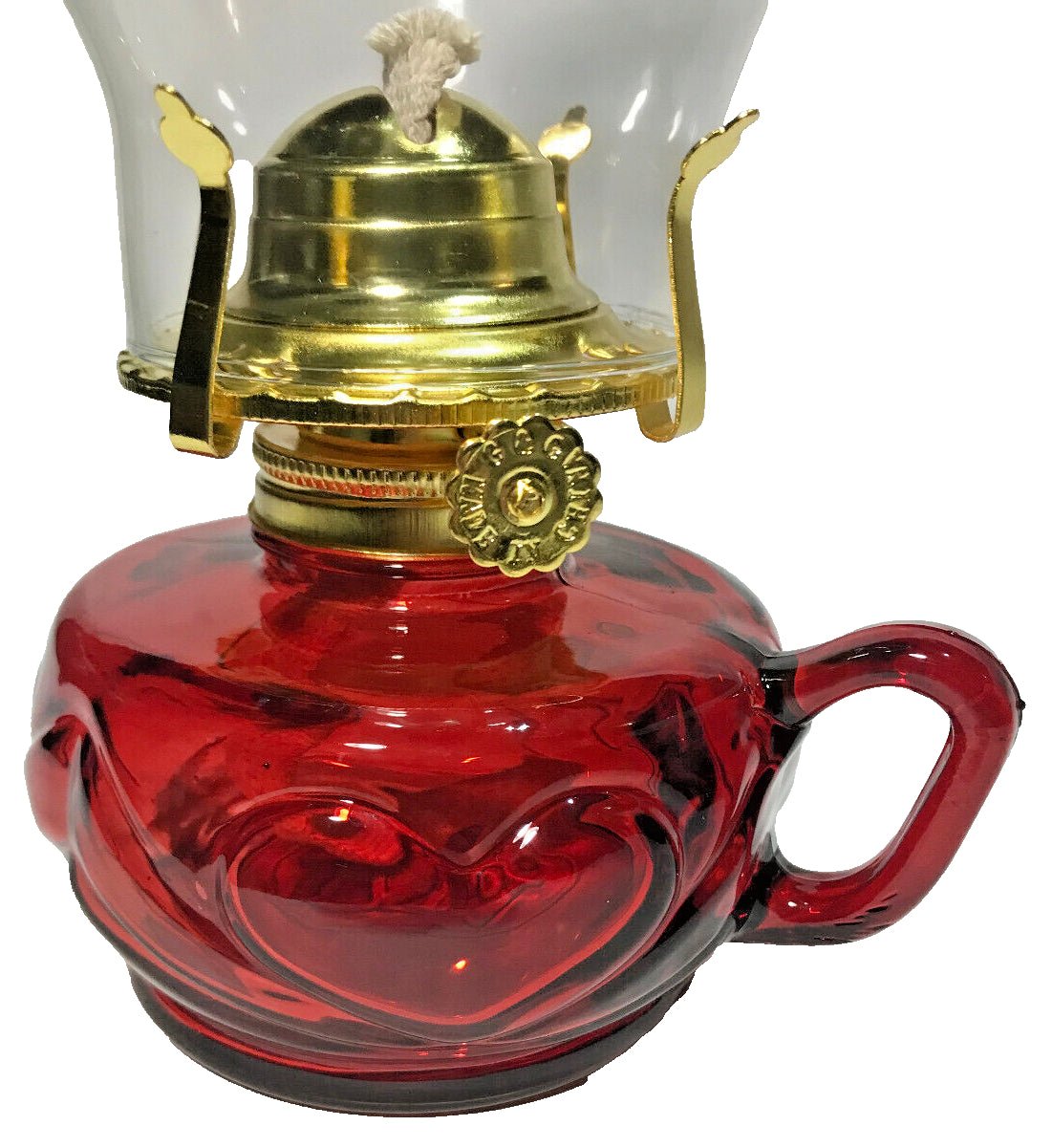 New Red Glass United Hearts Finger Oil Lamp w/ Brass Plated Burner & Chimney - Stone Door Lamps