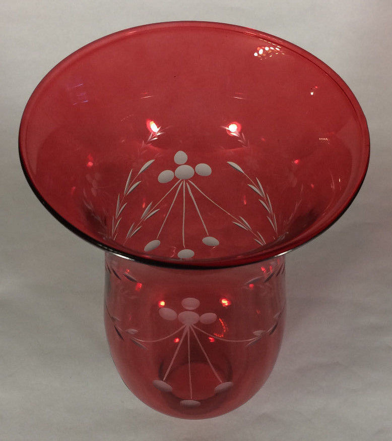 Cranberry Cut Flower Glass Hurricane Lamp Shade Candle Sconce Light, 5" x 8 1/4"