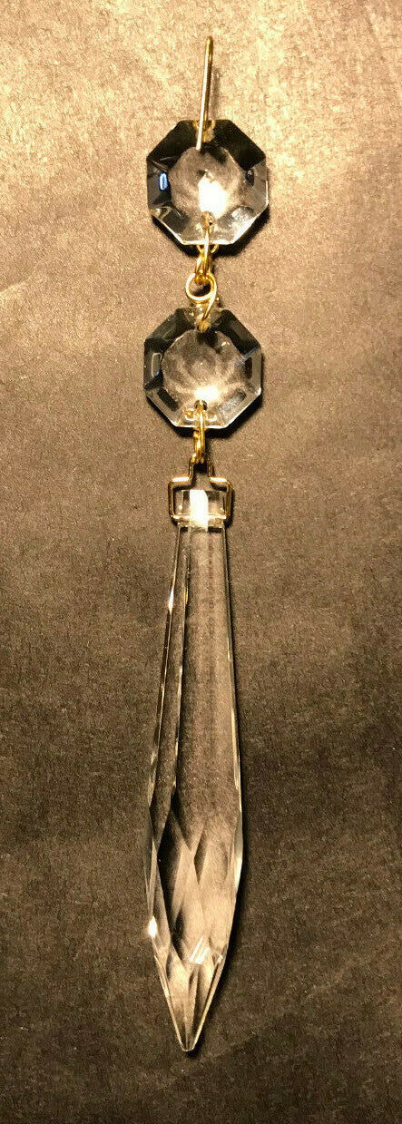 New 3" (5 1/4" Overall Length) Clear Crystal U-Drop Prism With 2 Beads Brass Pin