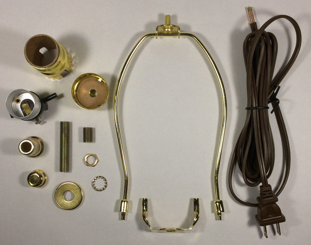 Table Lamp Wiring Kit 9" Brass Plated Harp, Push-Thru Socket, 8 ft. Brown Cord