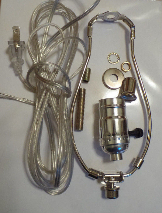 Table Lamp Wiring Kit 10" Nickel Plated Harp - 3 Way Socket - Clear Silver Cord