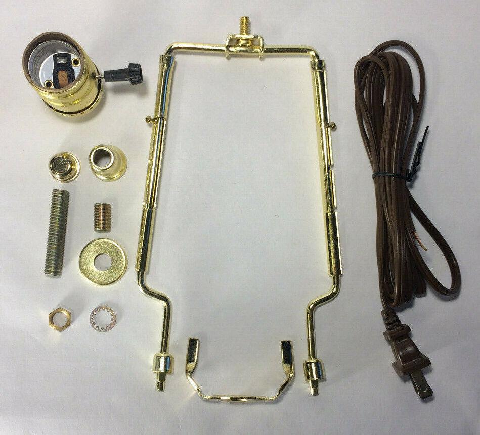 New Table Lamp Wiring Kit w/ Adjustable (9" - 11") Brass Harp, 3 - Way Socket, Cord - Stone Door Lamps