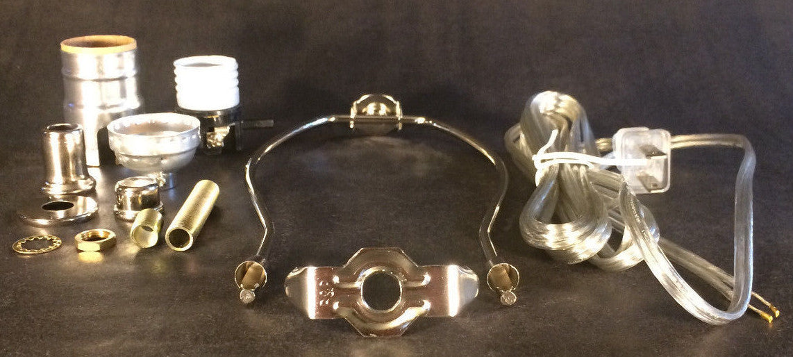 Table Lamp Wiring Kit 9" Nickel Plated Harp, Push-Thru Socket,Clear Silver Cord