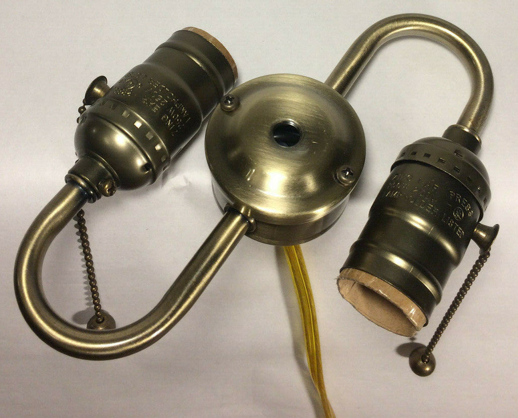 New Wired S-Type 2-Light Lamp Cluster w/ Pull Chain Sockets, Antique Finish 412A