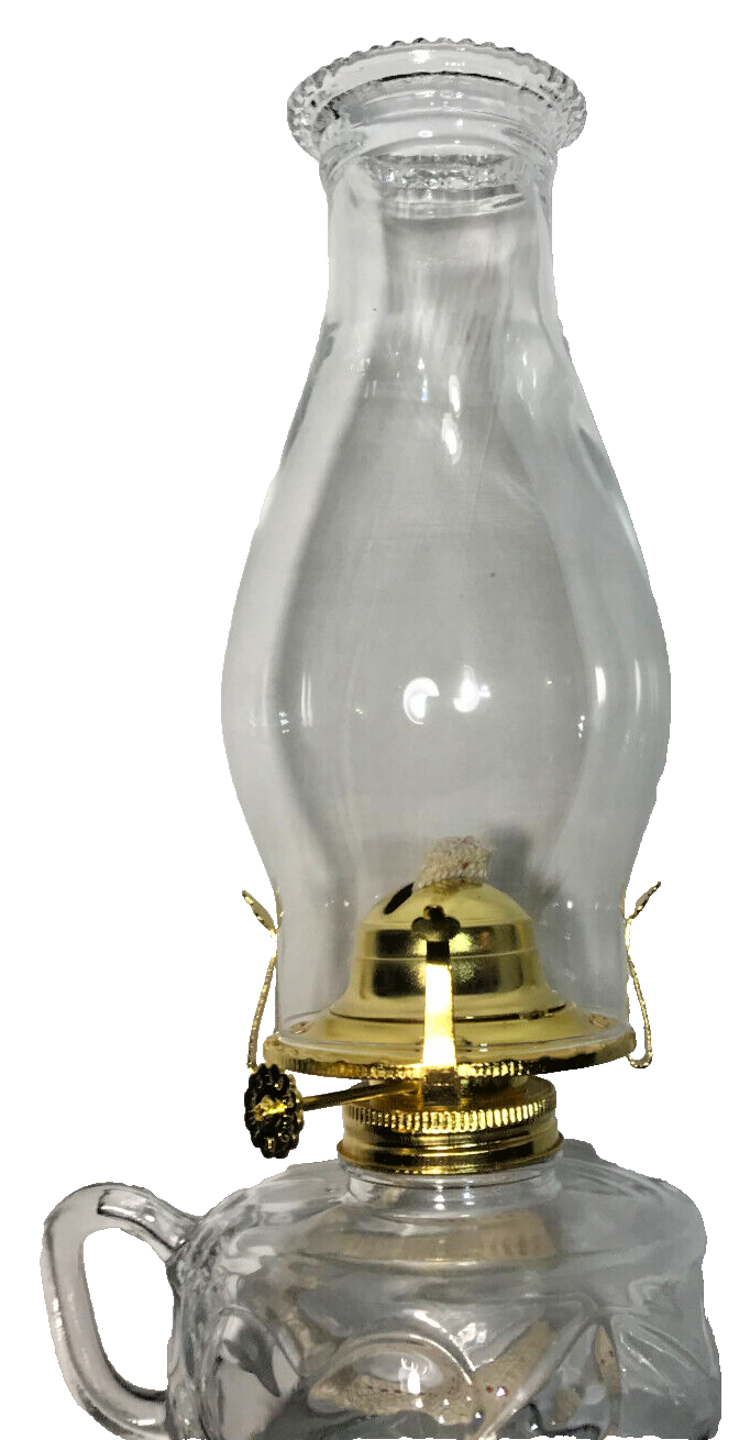 New Clear Glass United Hearts Finger Oil Lamp w/ Brass Plated Burner & Chimney