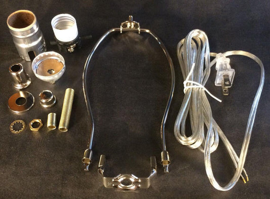 Table Lamp Wiring Kit 9" Nickel Plated Harp, Push - Thru Socket,Clear Silver Cord - Stone Door Lamps