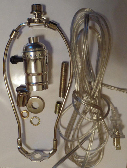 Table Lamp Wiring Kit 9" Nickel Plated Harp - 3 Way Socket - Clear Silver Cord - Stone Door Lamps