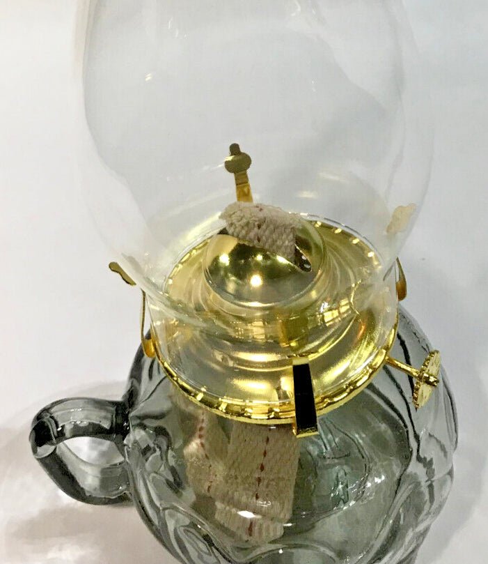 New Gray Glass United Hearts Finger Oil Lamp w/ Brass Plated Burner & Chimney - Stone Door Lamps