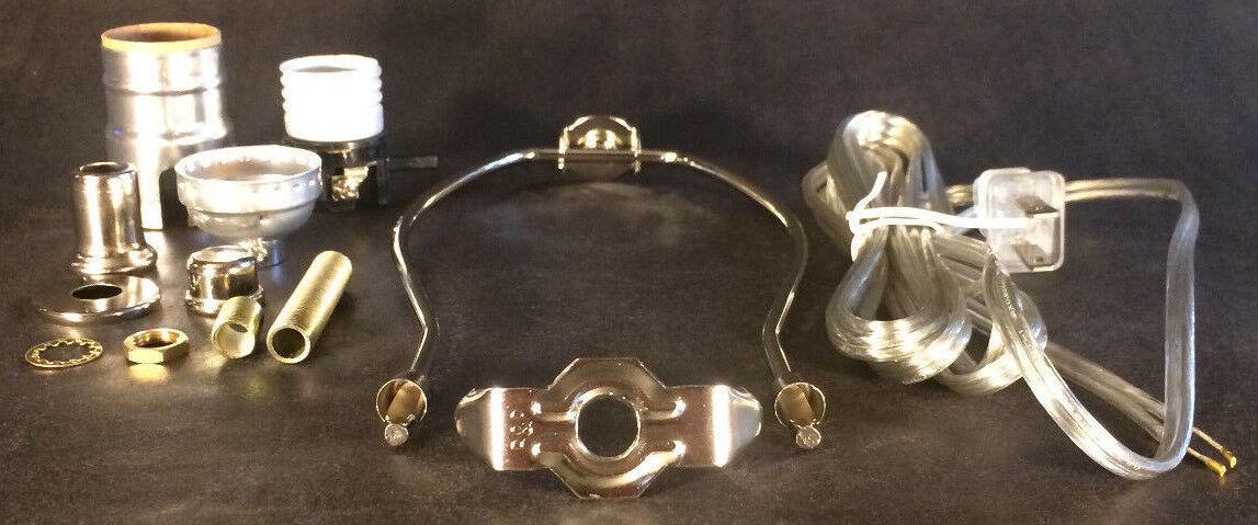 Table Lamp Wiring Kit 6" Nickel Plated Harp, Push - Thru Socket,Clear Silver Cord - Stone Door Lamps