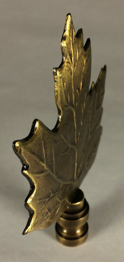 New 3 3/4" Maple Leaf Cast Metal Lamp Harp Finial w/ Antique Brass Finish LF076A
