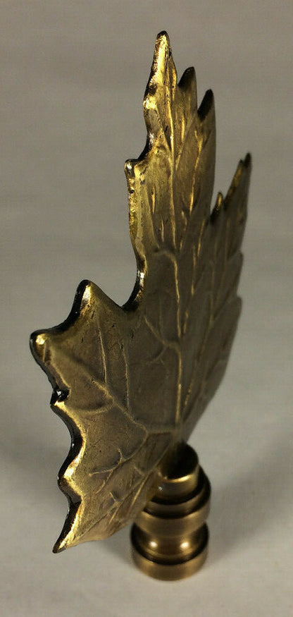 New 3 3/4" Maple Leaf Cast Metal Lamp Harp Finial w/ Antique Brass Finish LF076A