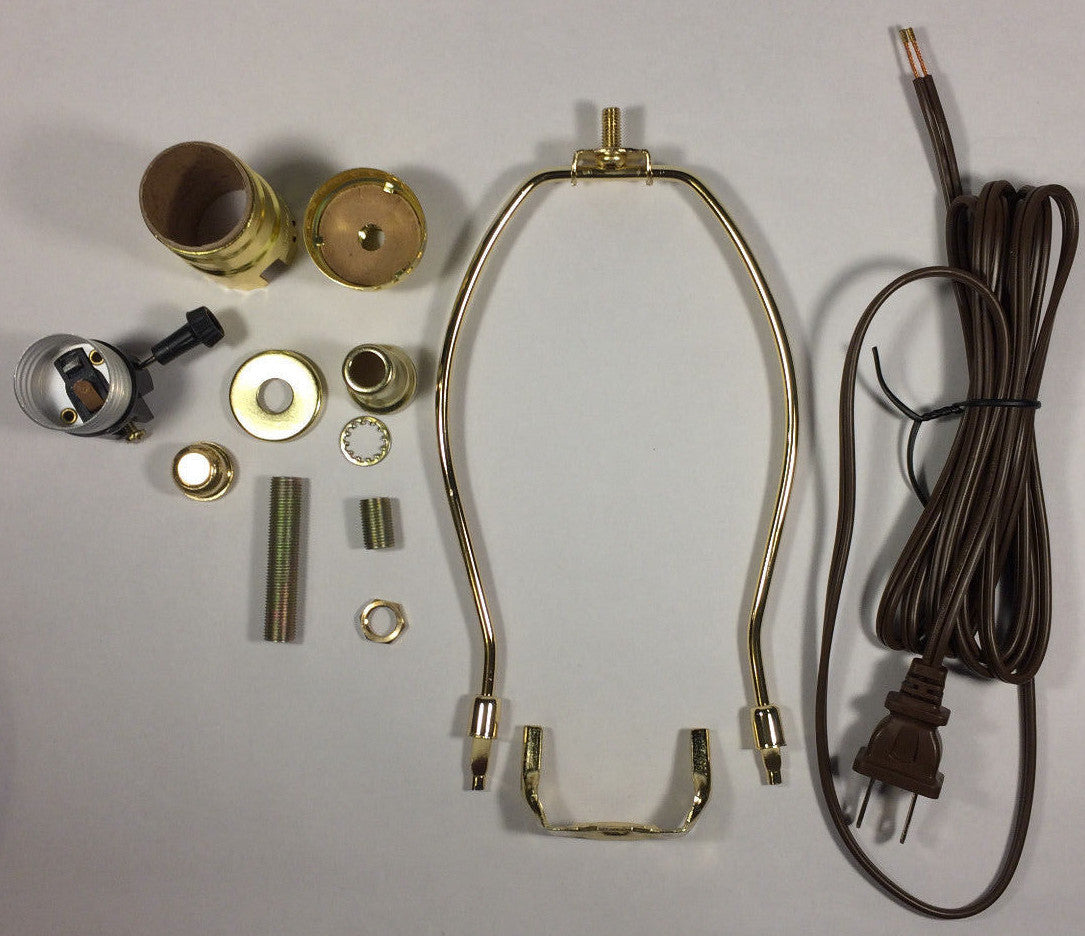 Table Lamp Wiring Kit With 8" Brass Plated Harp, 3 Way Socket, 8 ft. Brown Cord