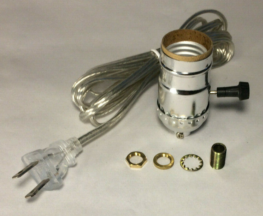 Vintage Table Lamp Rewiring Kit w/ Nickel Plated 3-Way Socket, Clear Silver Cord