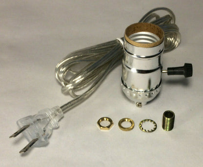 Vintage Table Lamp Rewiring Kit w/ Nickel Plated 3-Way Socket, Clear Silver Cord
